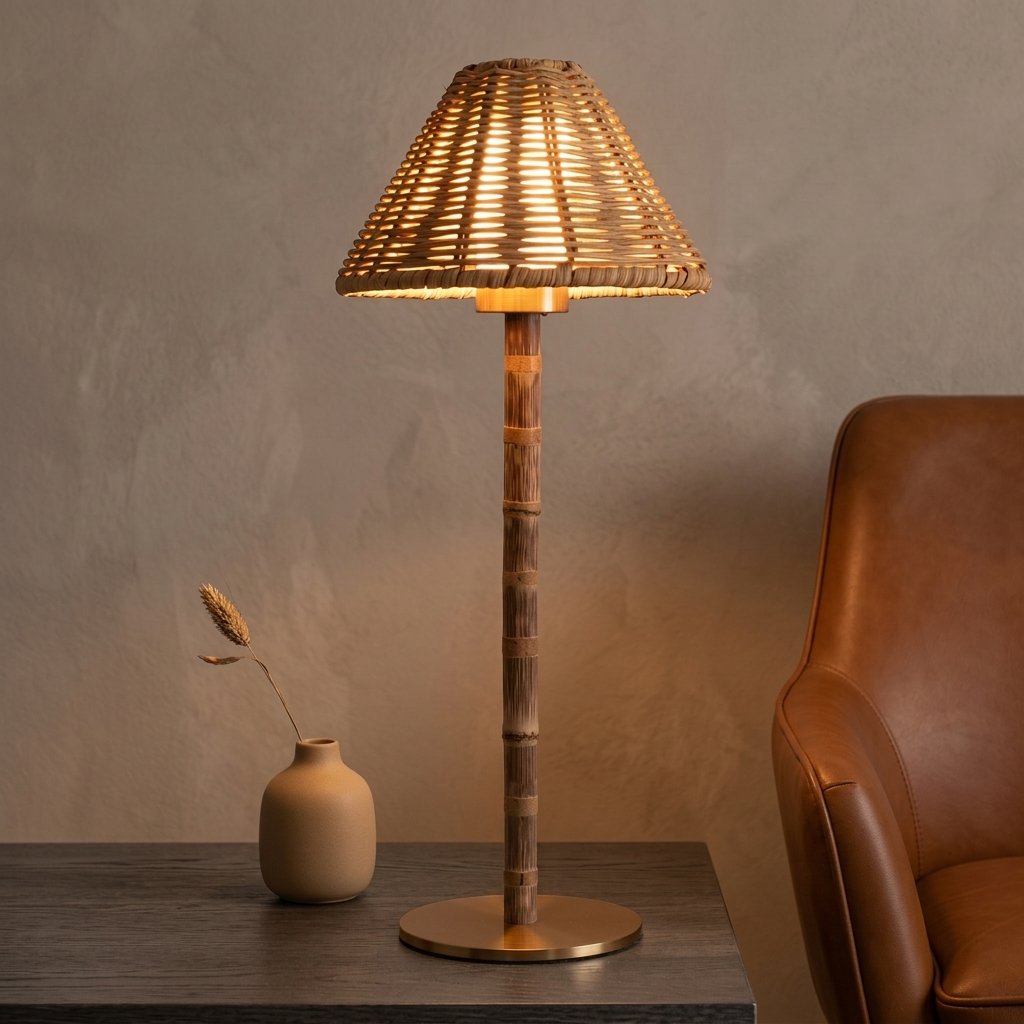 Cane Cordless Table Lamp — bedside lifestyle with leather chair
