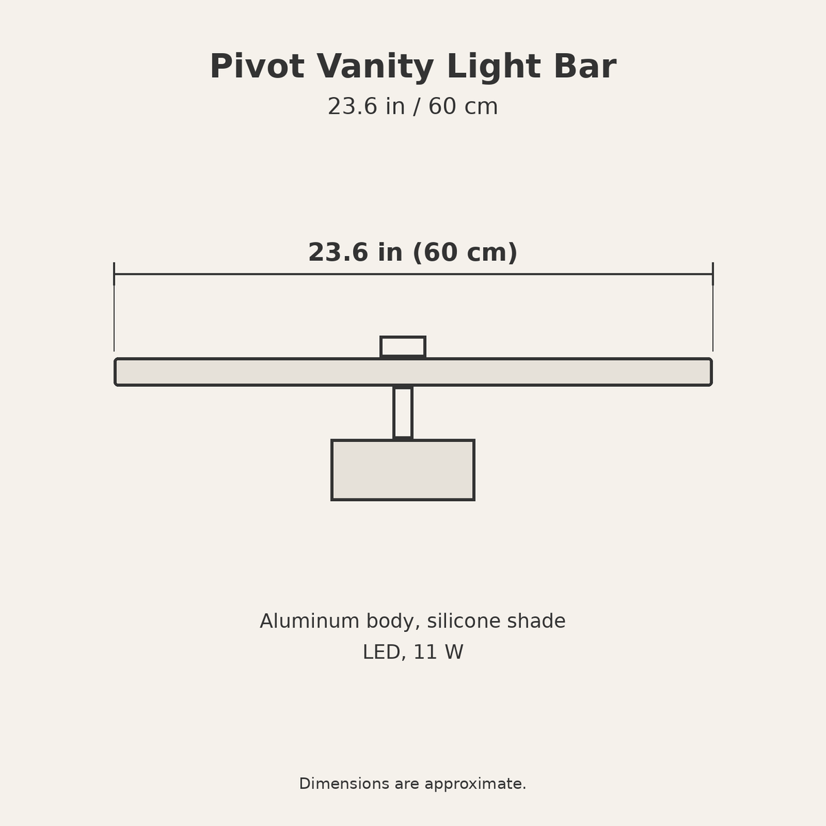 Pivot Vanity Light Bar dimensions diagram, 23.6 in (60 cm)