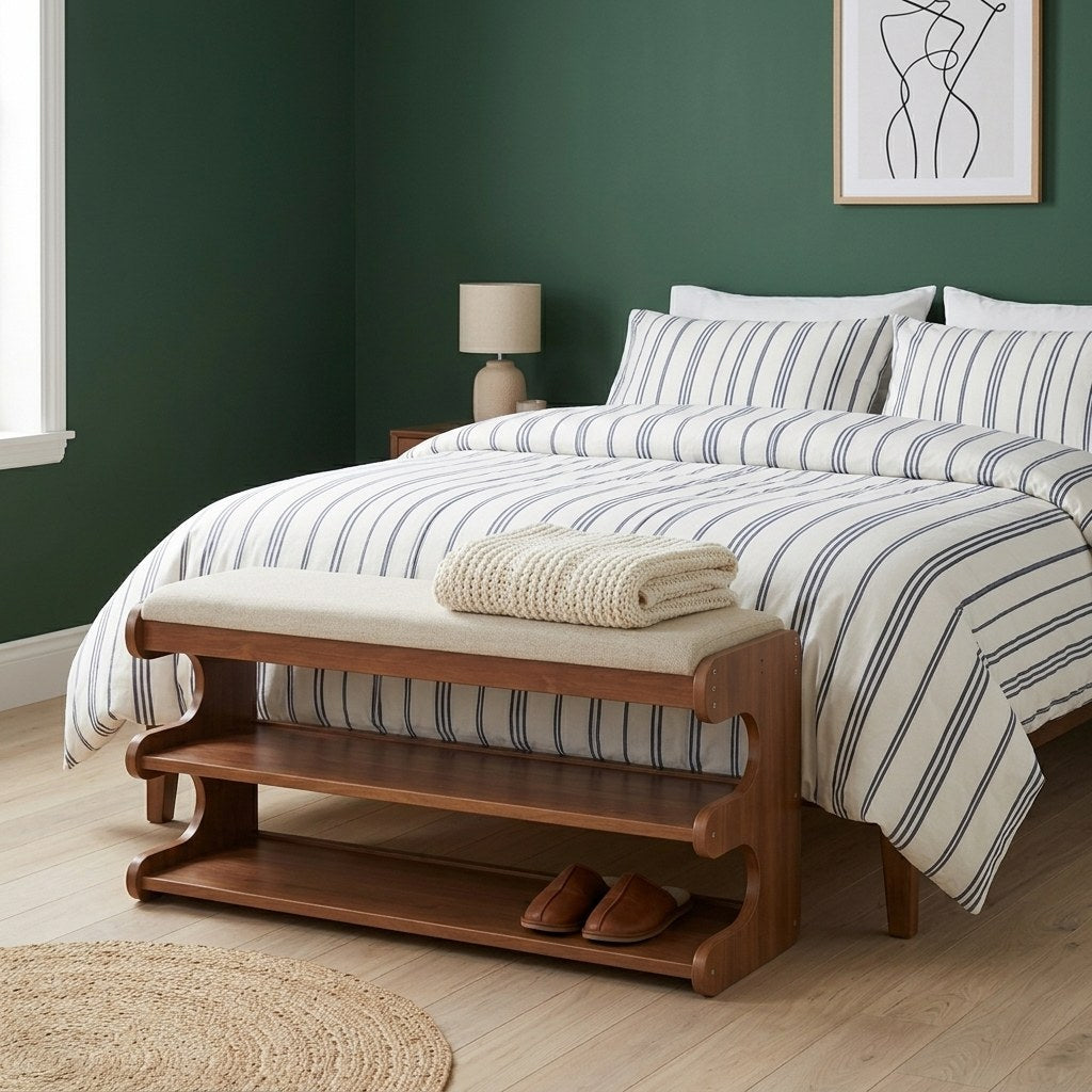 Marlow Flip-Top Shoe Bench — storage bench at the foot of a bed in a bright bedroom