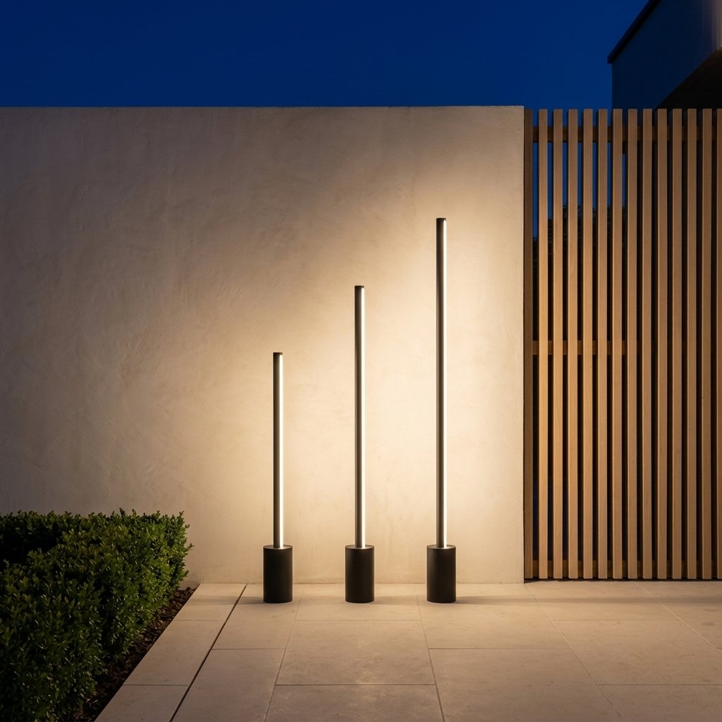 Stylo Slim Lawn Light — three heights on a terrace at night