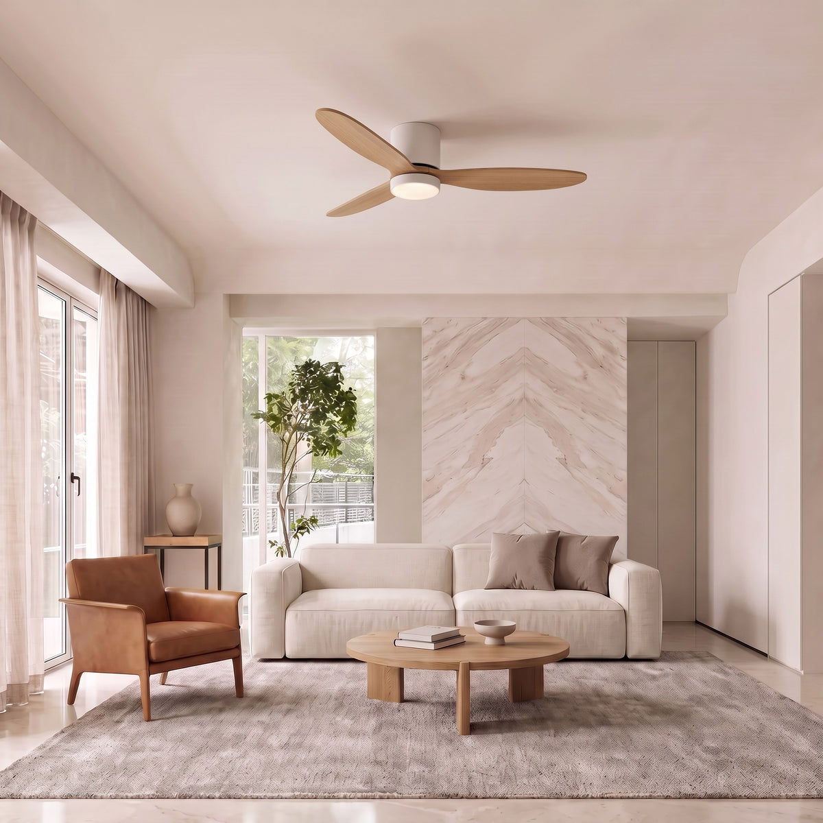 Halden Ceiling Fan — White / Wood in a living room