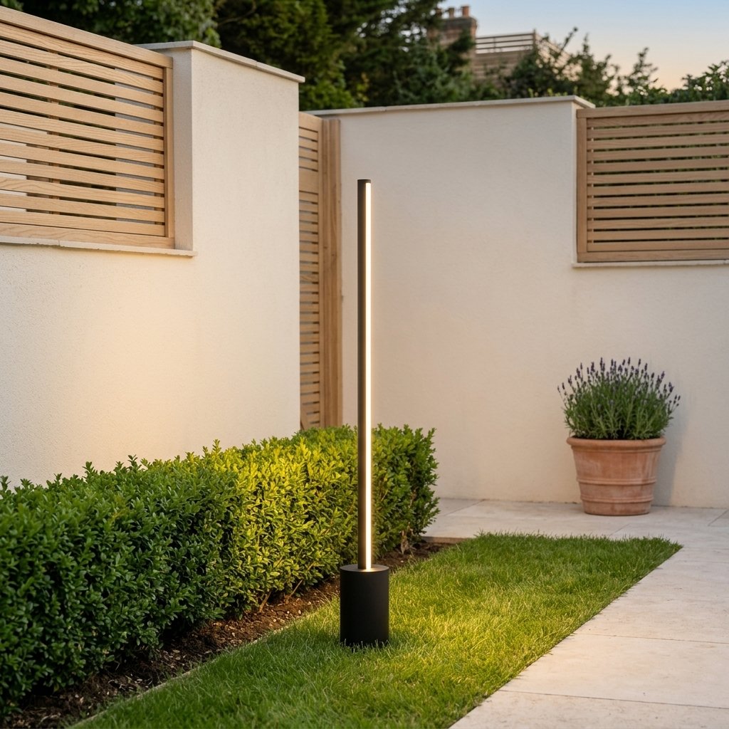 Stylo Slim Lawn Light — lit in a garden bed at dusk