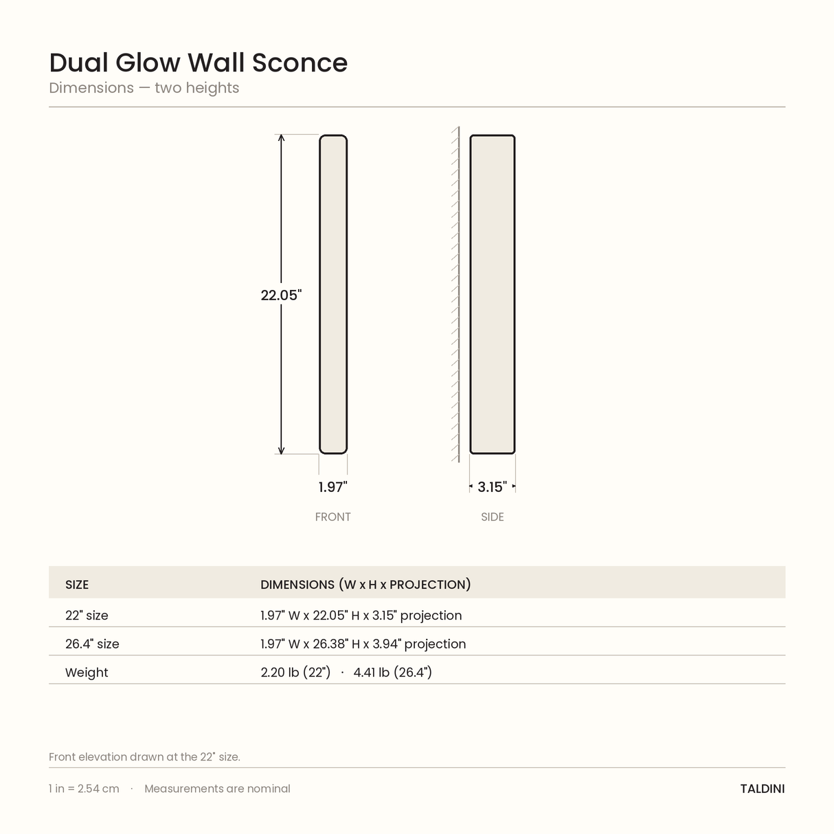 Dual Glow Wall Sconce - dimensions diagram, 22 inch and 26.4 inch sizes
