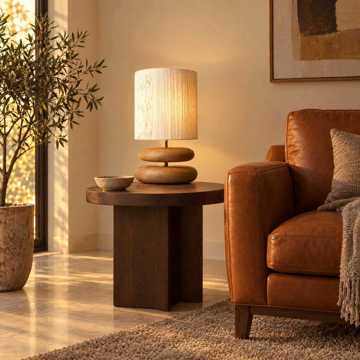 Dune Stacked Table Lamp — glowing at dusk beside a leather armchair
