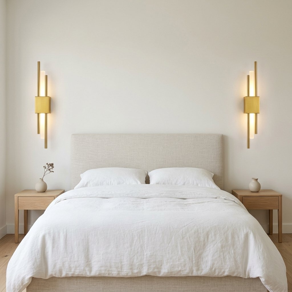 Duo Twin Rod Wall Sconce — mirrored pair beside a bed