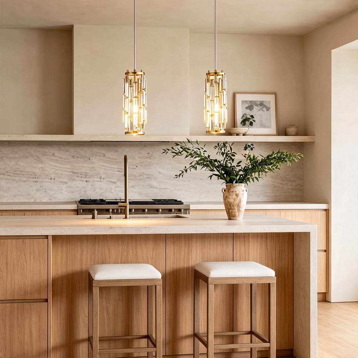 Prism Mini Pendant — gold pendants in greige kitchen