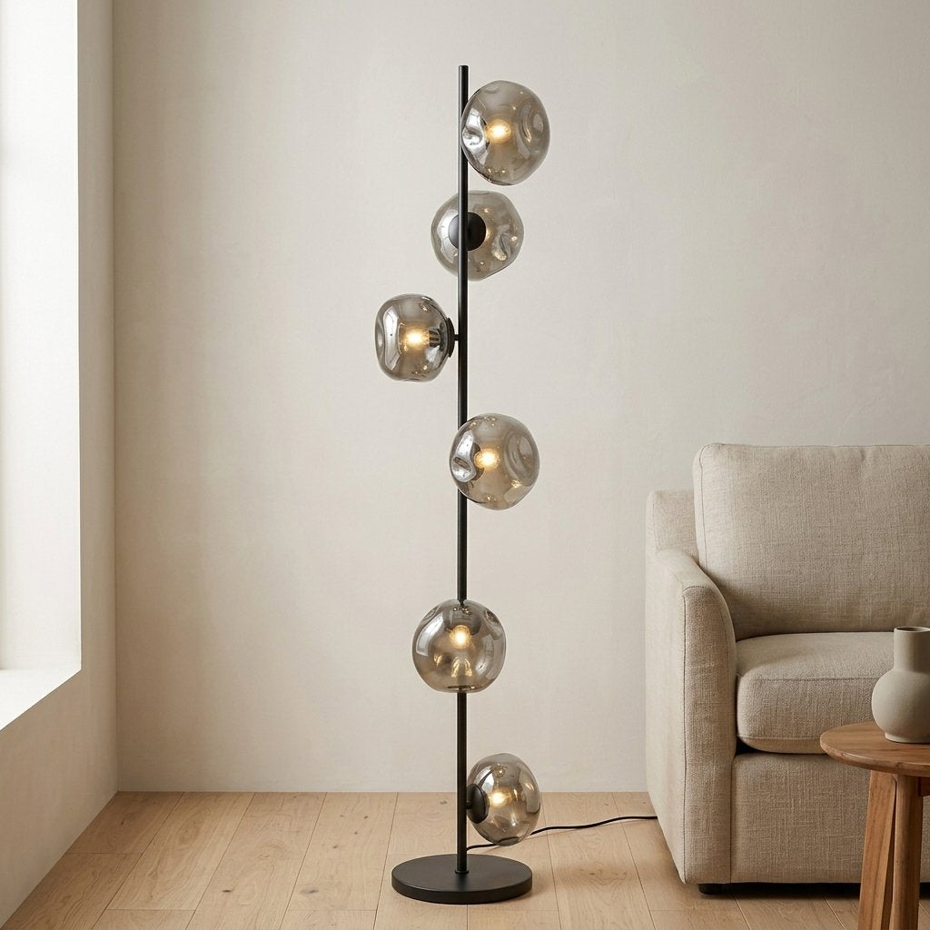 Auralis Glass Floor Lamp — Black frame, Smoky Gray glass in bedroom setting