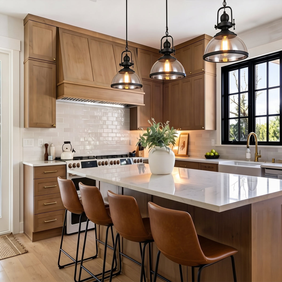 Foundry Glass Pendant — warm wood kitchen with three pendants