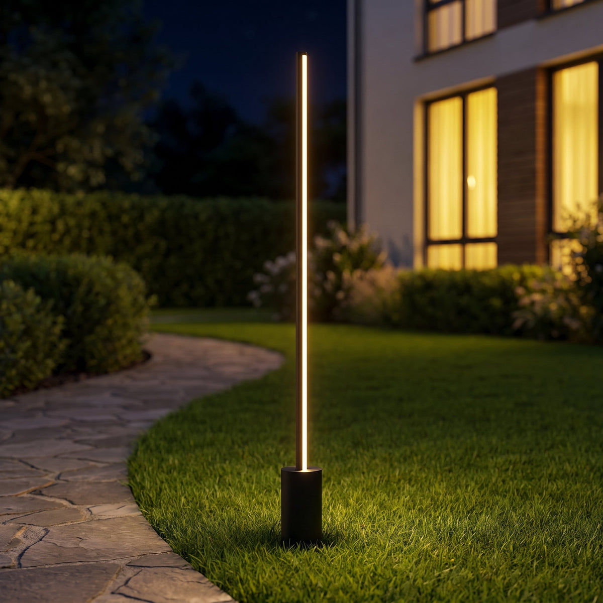 Stylo Slim Lawn Light — lit beside a garden path at night