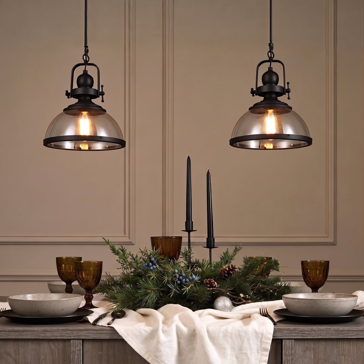Foundry Glass Pendant — two pendants over a set dining table