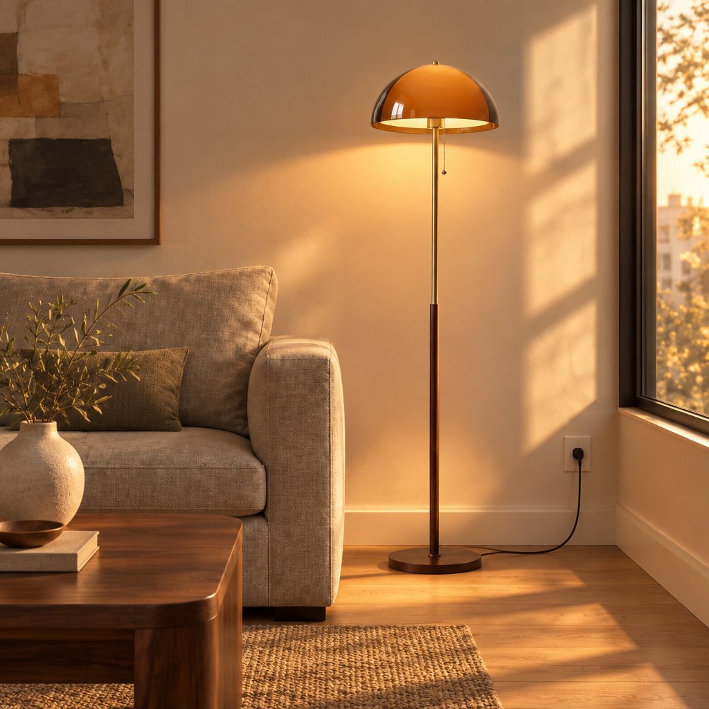 Ember Acrylic Dome Floor Lamp — living room at golden hour, lamp on