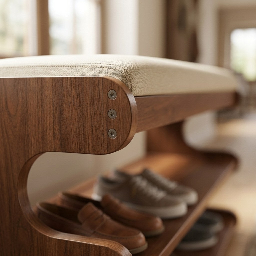 Marlow Flip-Top Shoe Bench — close-up of the cushioned seat and wood frame
