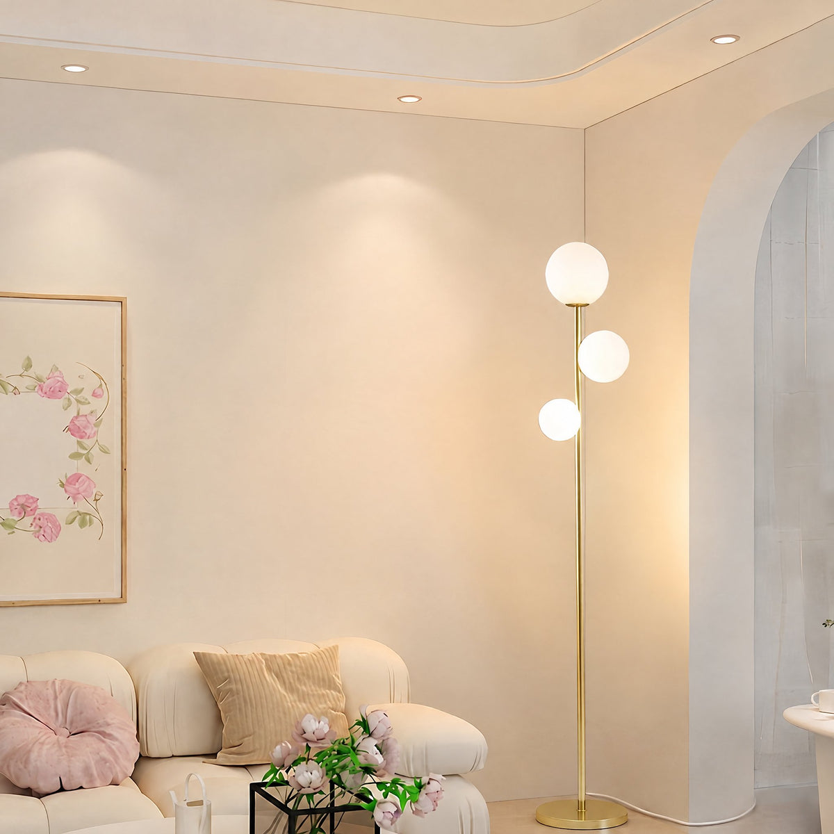 Trio Globe Floor Lamp — Gold with floral art