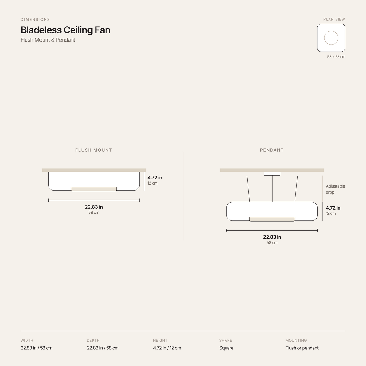 Dimension diagram — bladeless ceiling fan, flush mount and pendant, 22.83 in square by 4.72 in deep