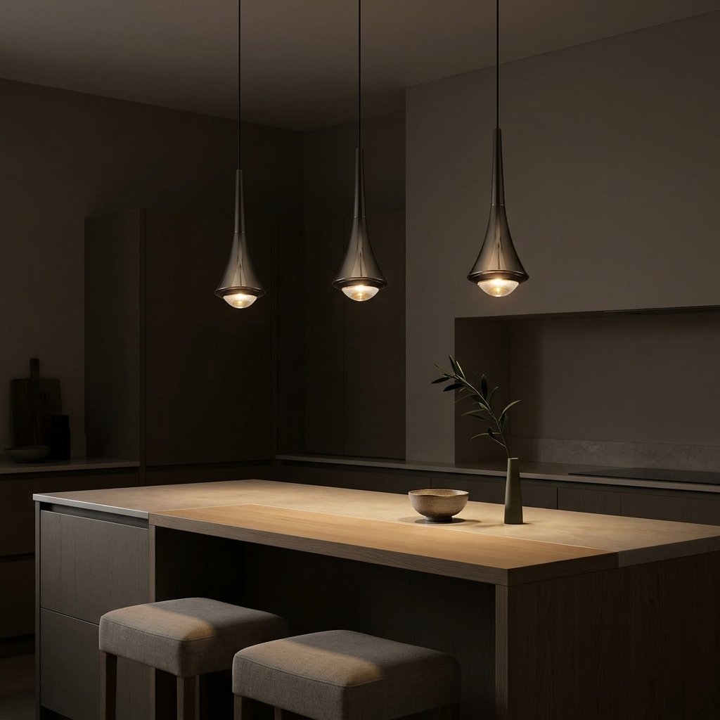 Teardrop Mini Pendant — Black pendants over a kitchen island at dusk