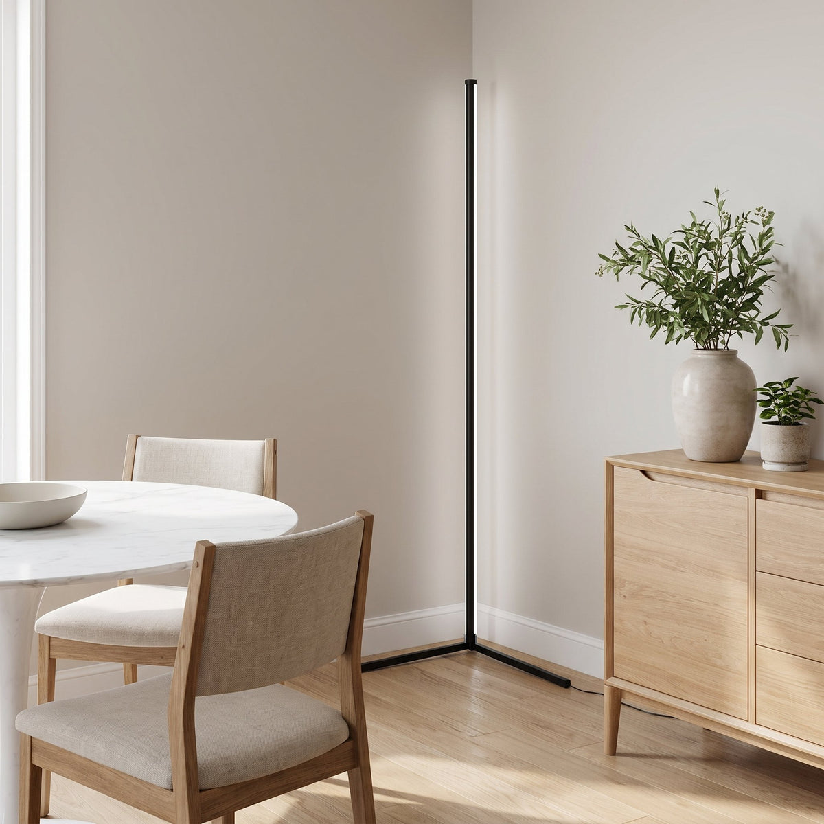 Pulse RGB Floor Lamp — white light corner in bright dining nook