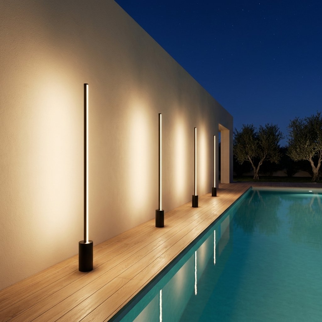 Stylo Slim Lawn Light — row of lights along a pool deck at night