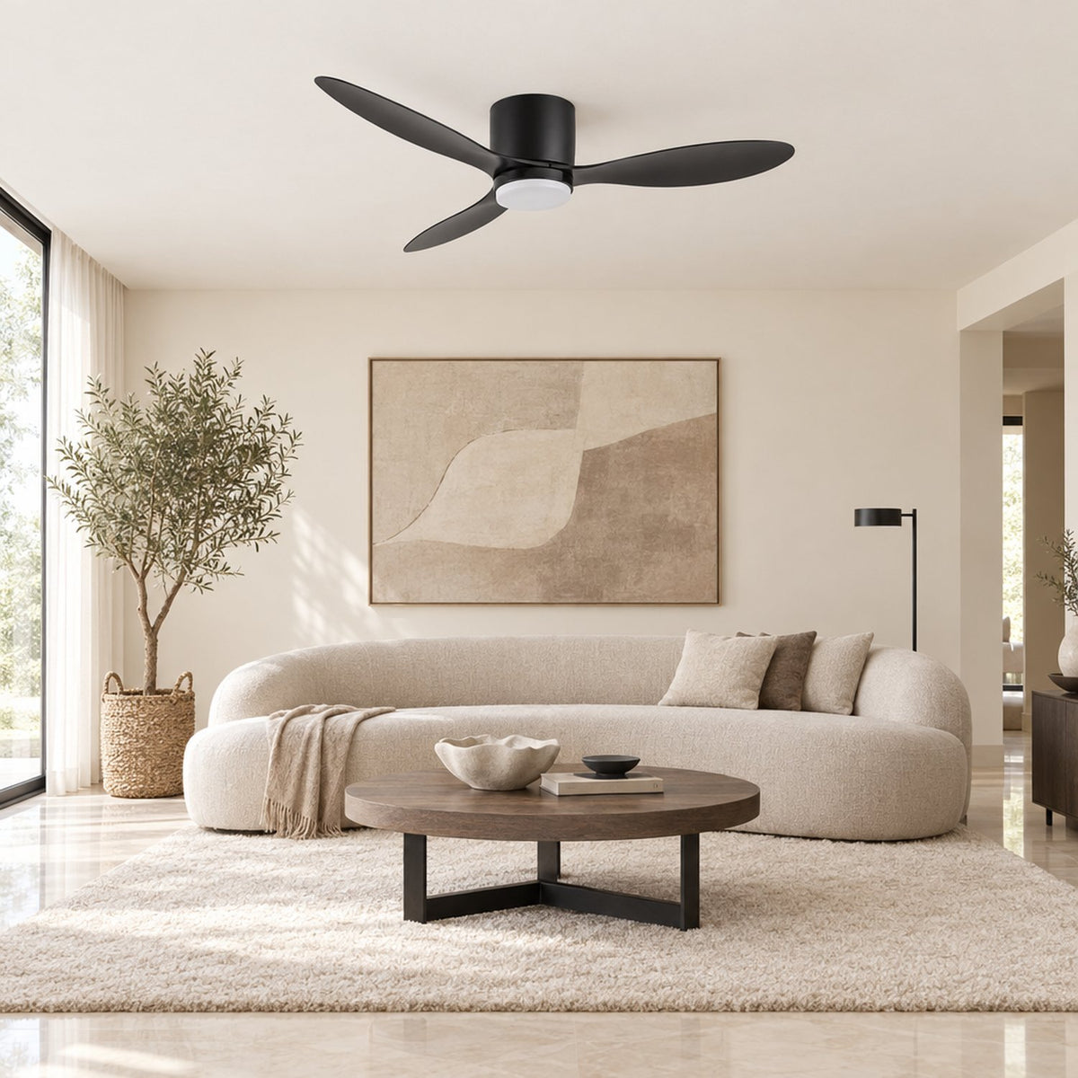 Halden Ceiling Fan — Black / Black in a modern living room