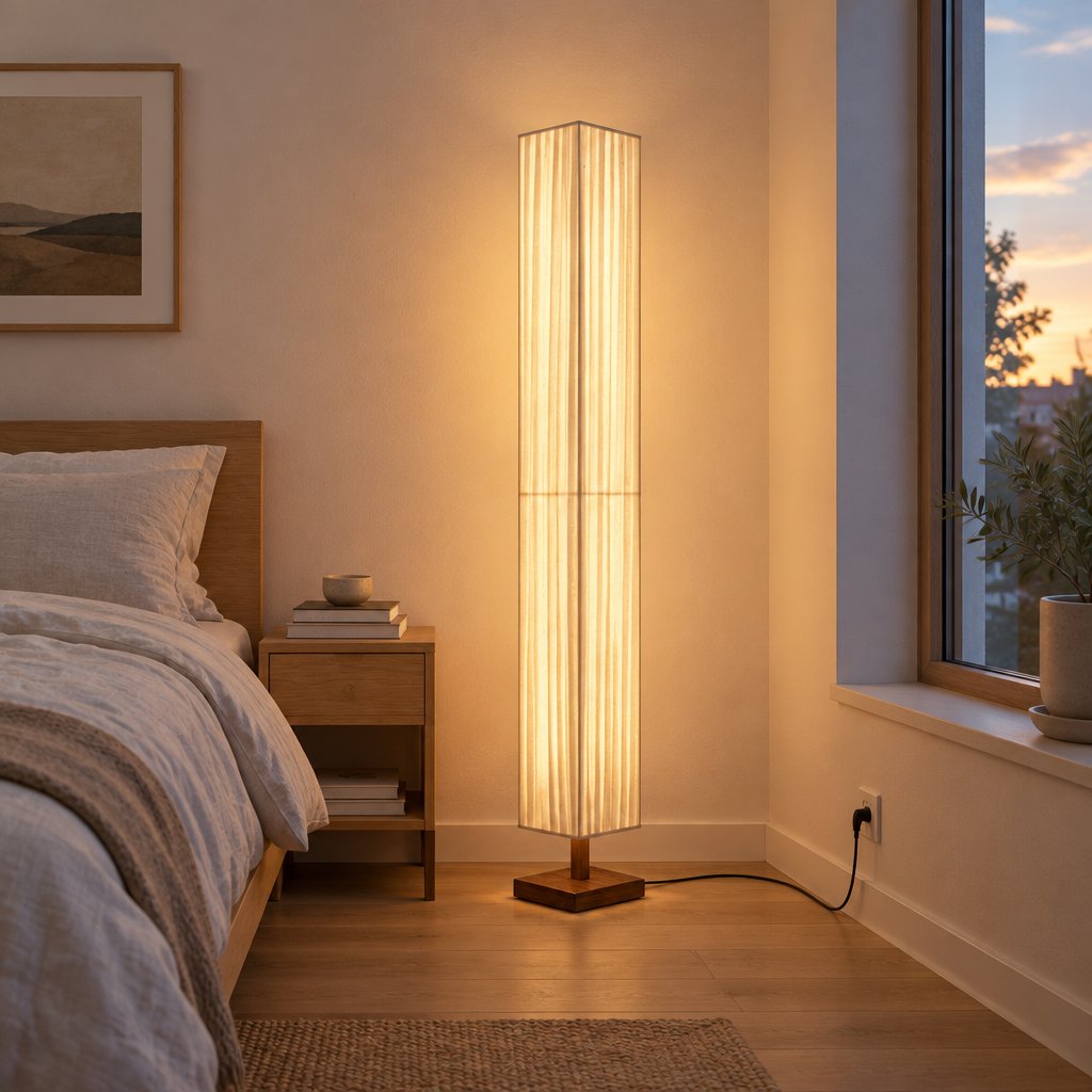 Hearth Walnut Wood Floor Lamp — bedroom in early evening, lamp on