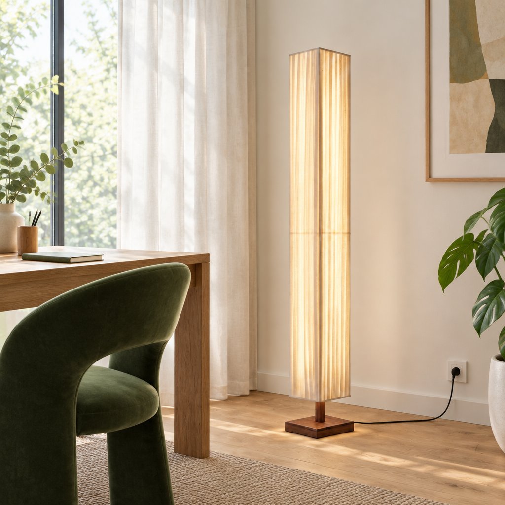 Hearth Walnut Wood Floor Lamp — home study in daylight, lamp on