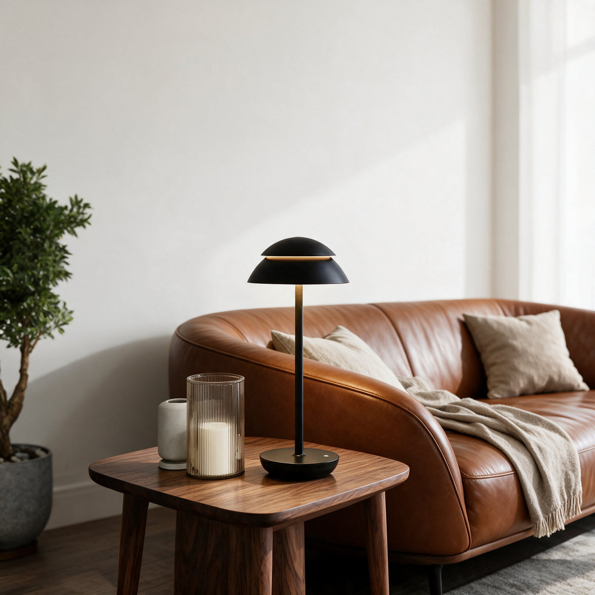 Nomad Cordless Table Lamp — Black finish beside a leather sofa