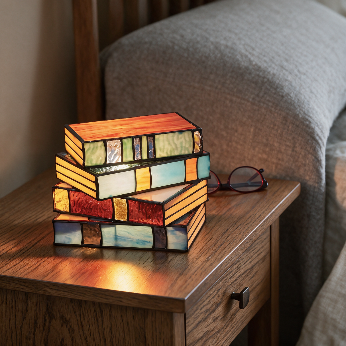 Novella Stained-Glass Table Lamp — nightstand lifestyle