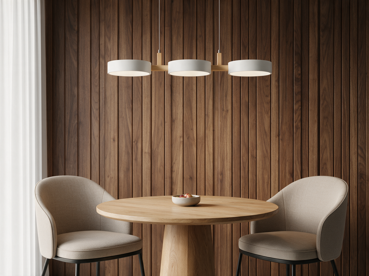 Beam Linear Pendant Light — wood-paneled dining nook lifestyle