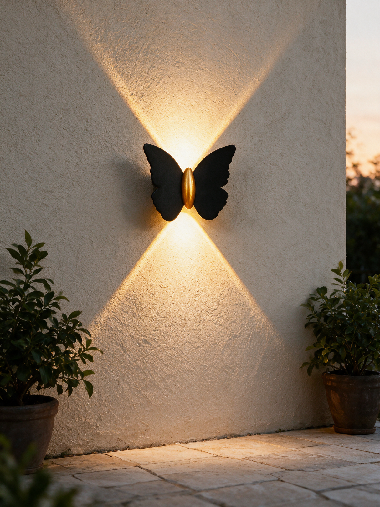 Aurelia Silhouette Wall Sconce - lifestyle image exterior patio at dusk