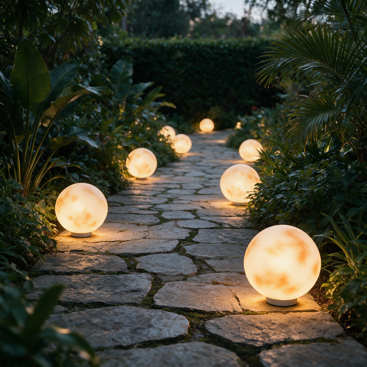 Selene Solar Sphere Light - lifestyle image garden pathway at dusk