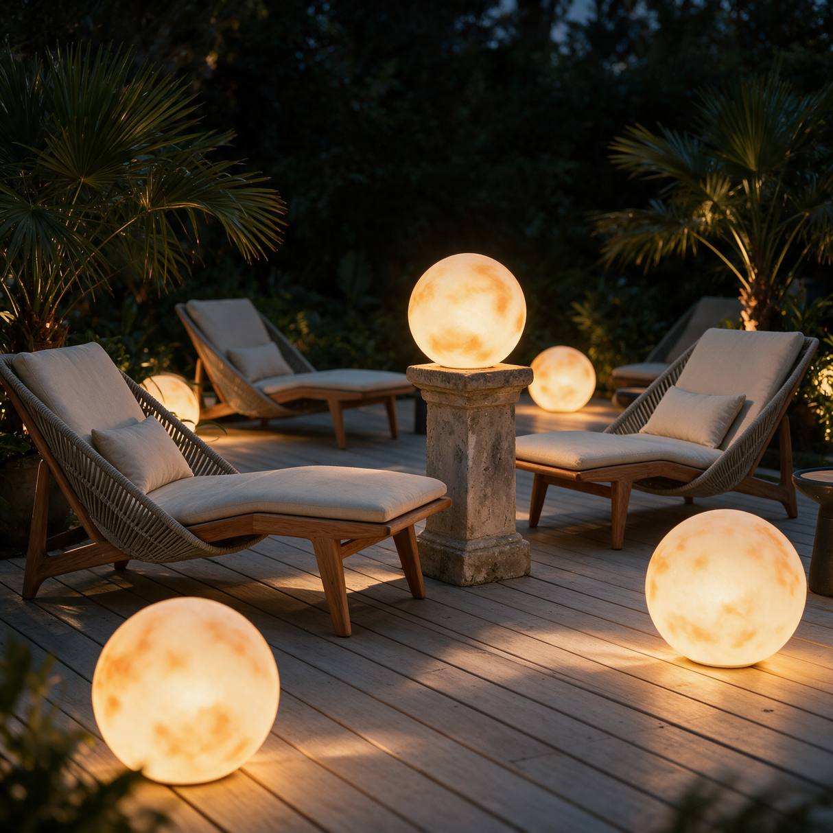 Selene Solar Sphere Light - lifestyle image patio pillar at night