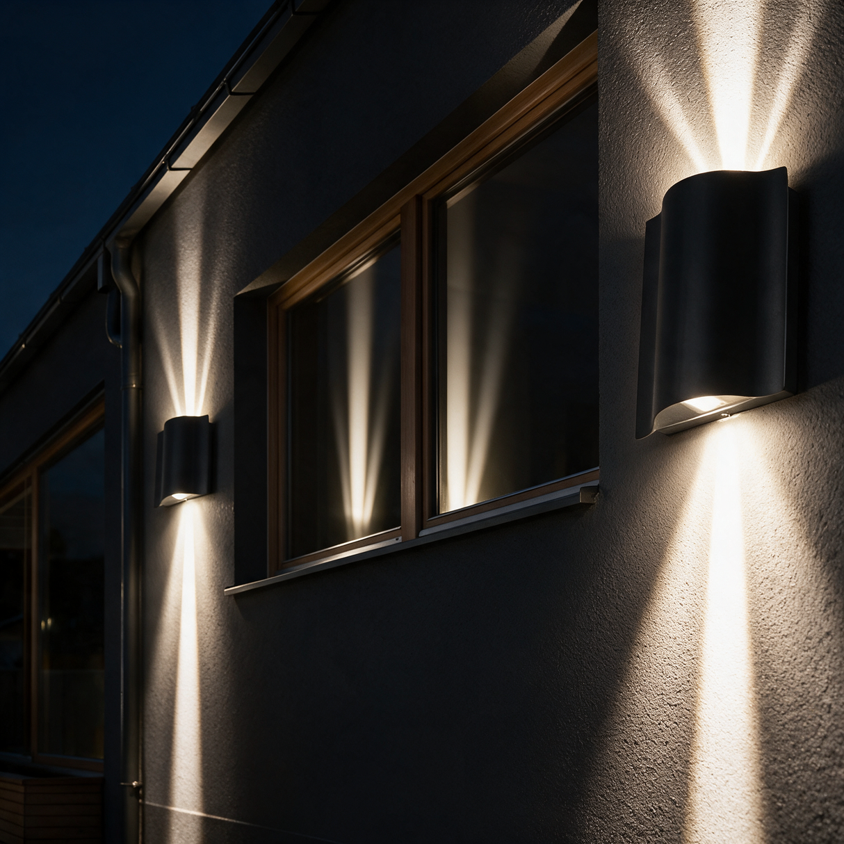 Arc Dual-Beam Wall Sconce - lifestyle image exterior siding wall at night