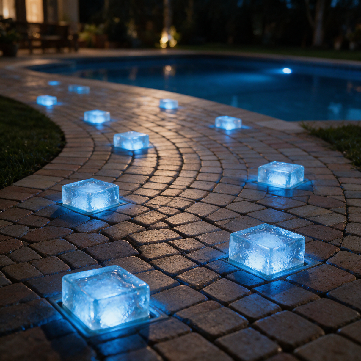 Glacier Solar Paver Light - lifestyle image poolside patio at night blue
