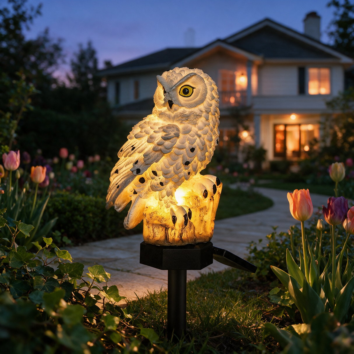 Sentry Owl Solar Light - lifestyle image garden pathway at dusk