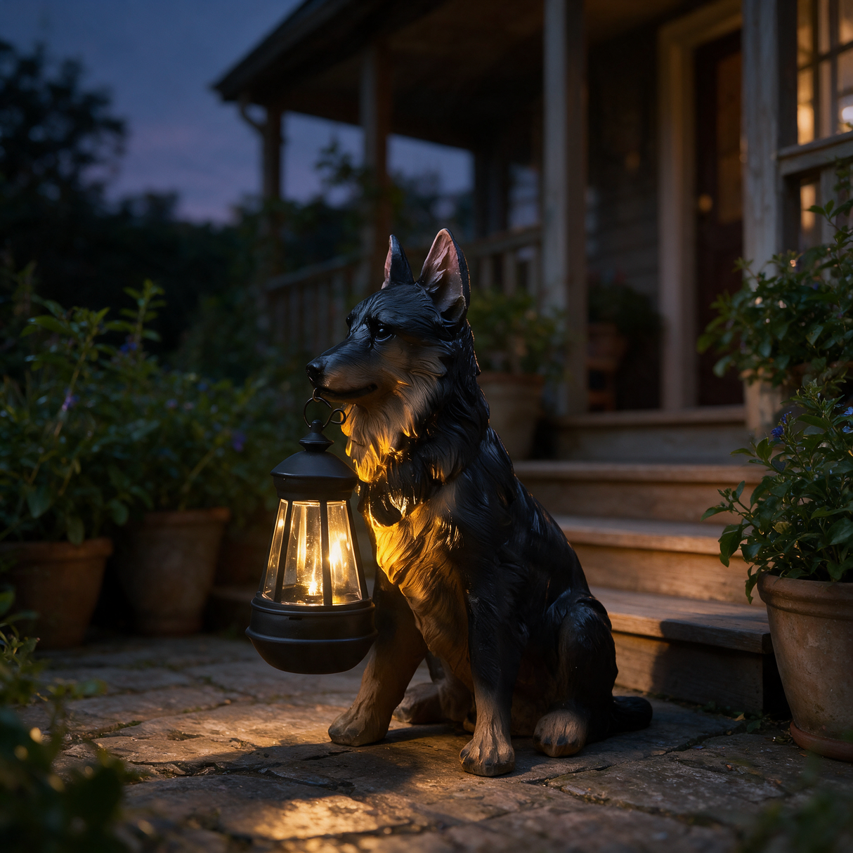 Guardian Dog Lantern Statue - lifestyle image front porch entryway at dusk