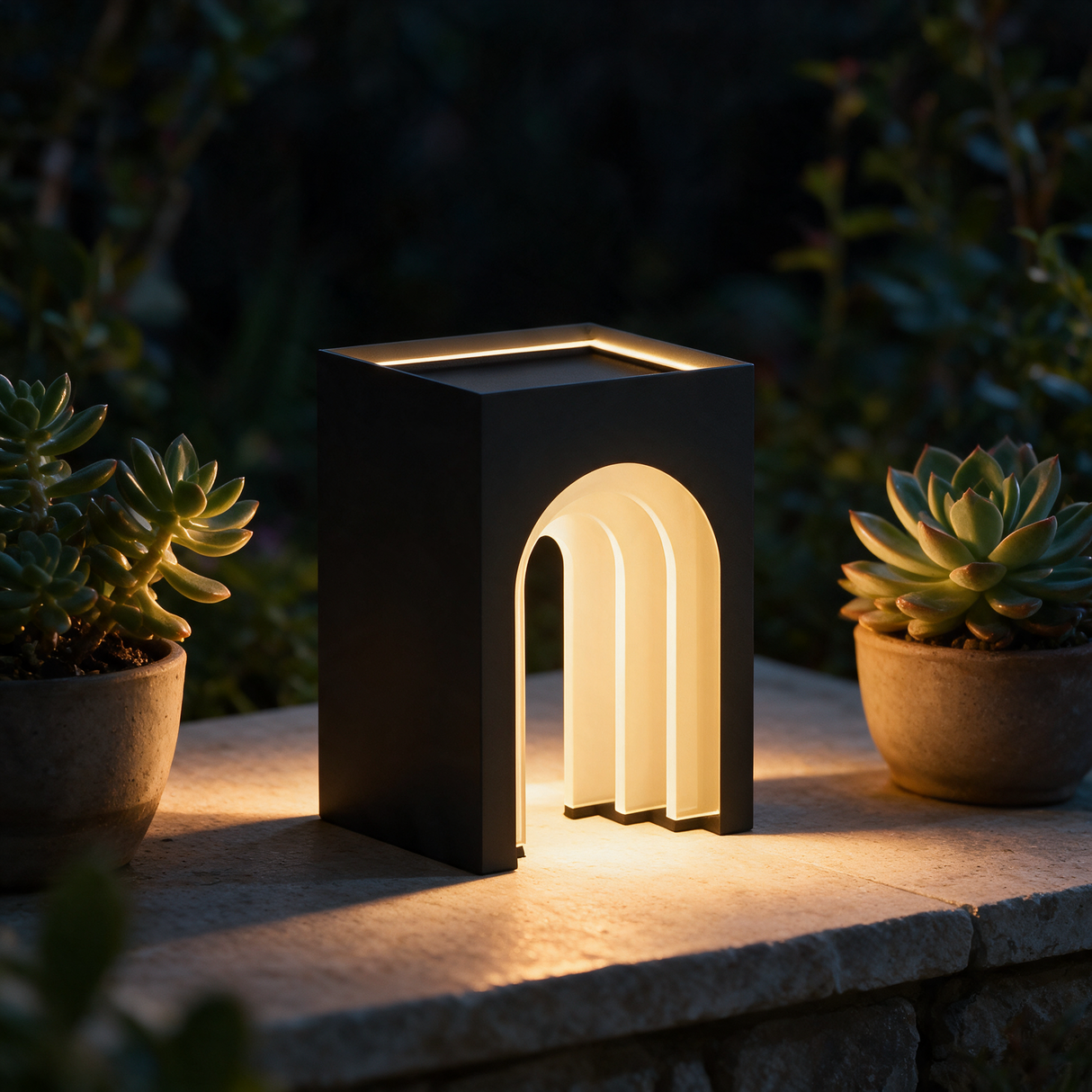 Arcadia Arch Accent Light - lifestyle image garden ledge wall at night