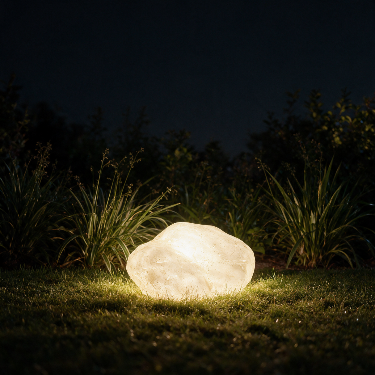 Boulder Glow Landscape Light - lifestyle image lawn at night