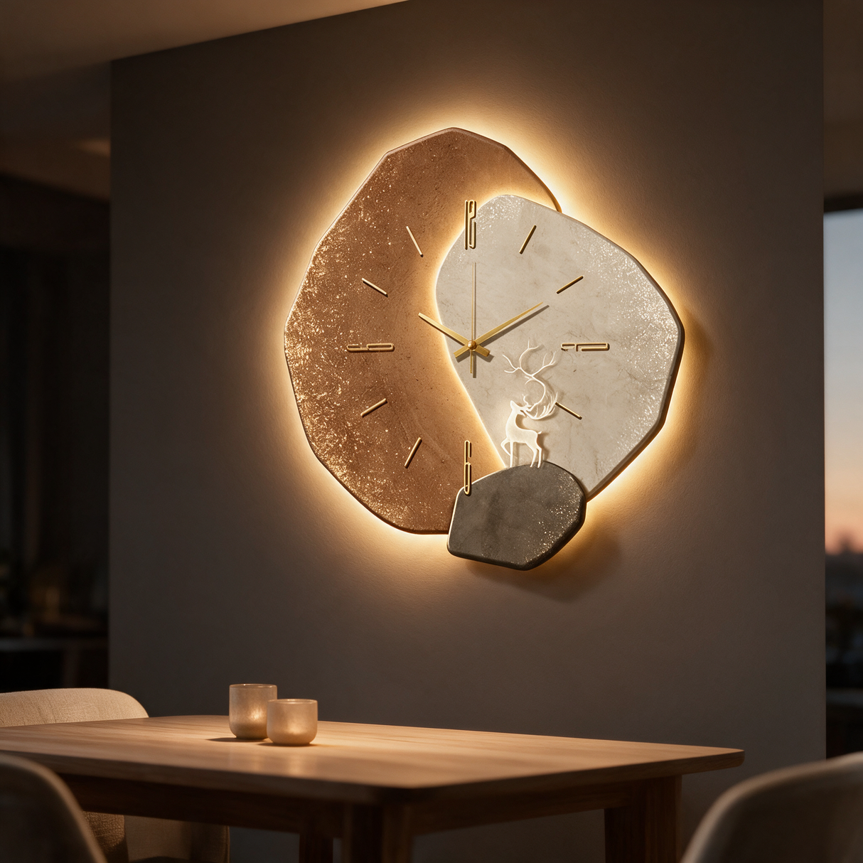 Eclipse Stone Wall Clock - lifestyle image above dining table at dusk