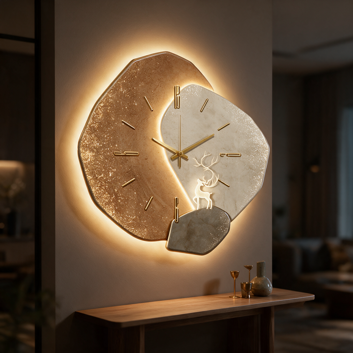 Eclipse Stone Wall Clock - lifestyle image above living room console