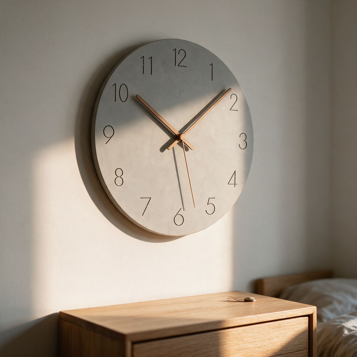 Hue Minimalist Wall Clock - lifestyle image above bedroom dresser