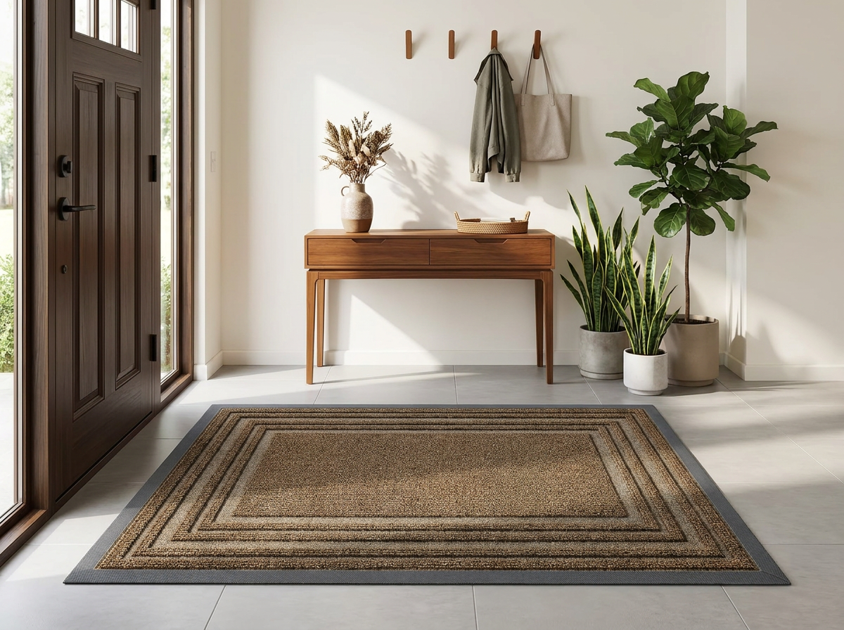Layered Jute Border Area Rug in entryway - Brown