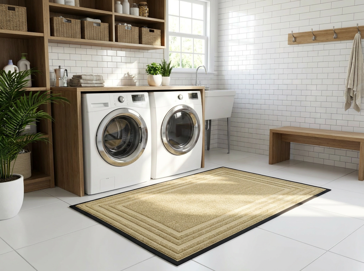 Layered Jute Border Area Rug in laundry room - Beige