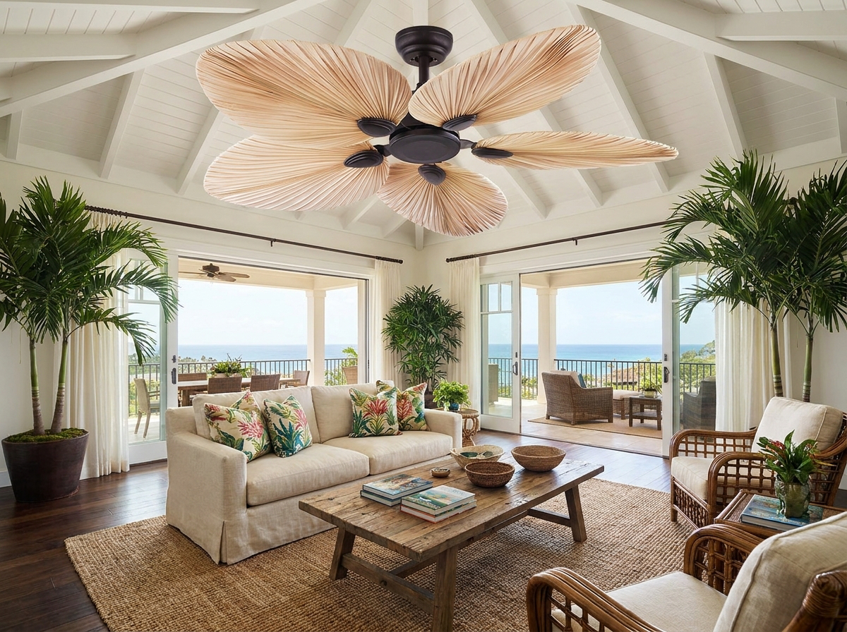 Palm leaf ceiling fan in tropical resort-style living room