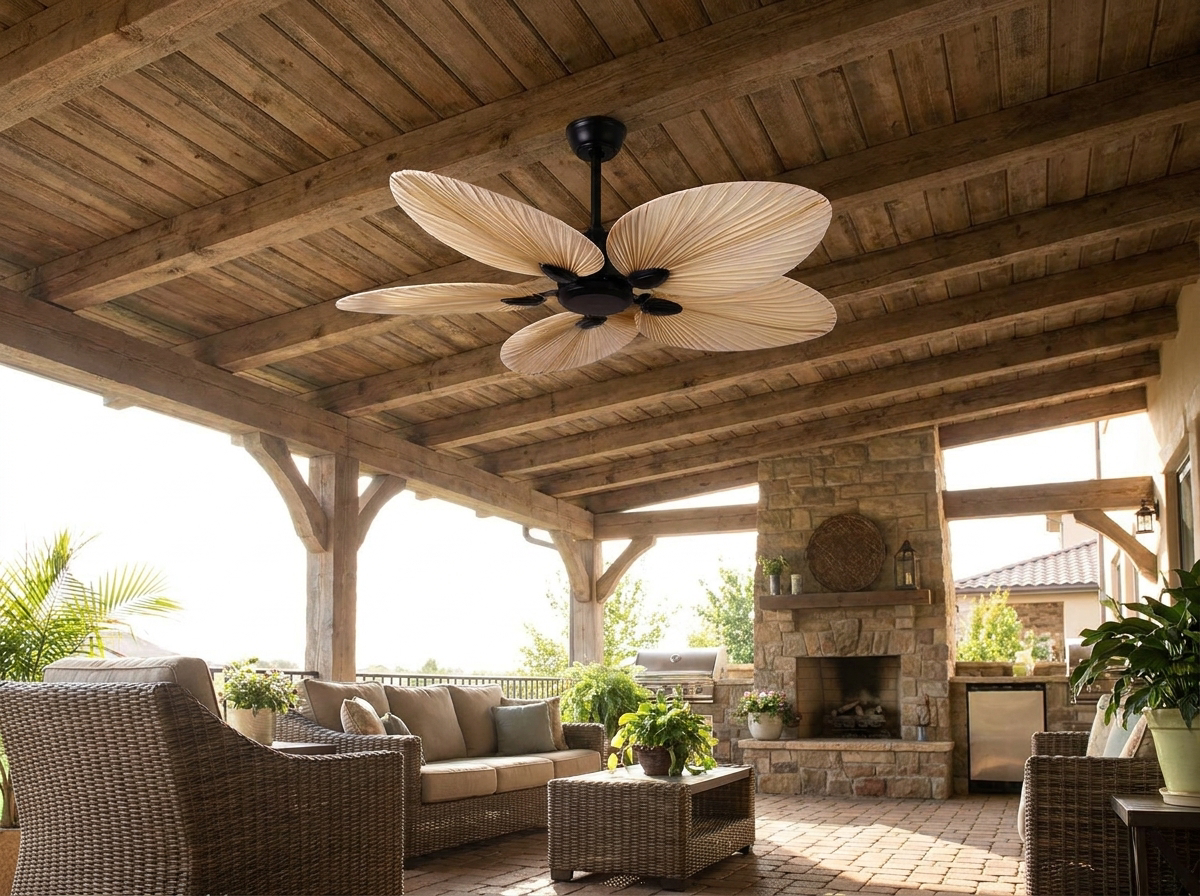 Palm leaf ceiling fan on covered patio