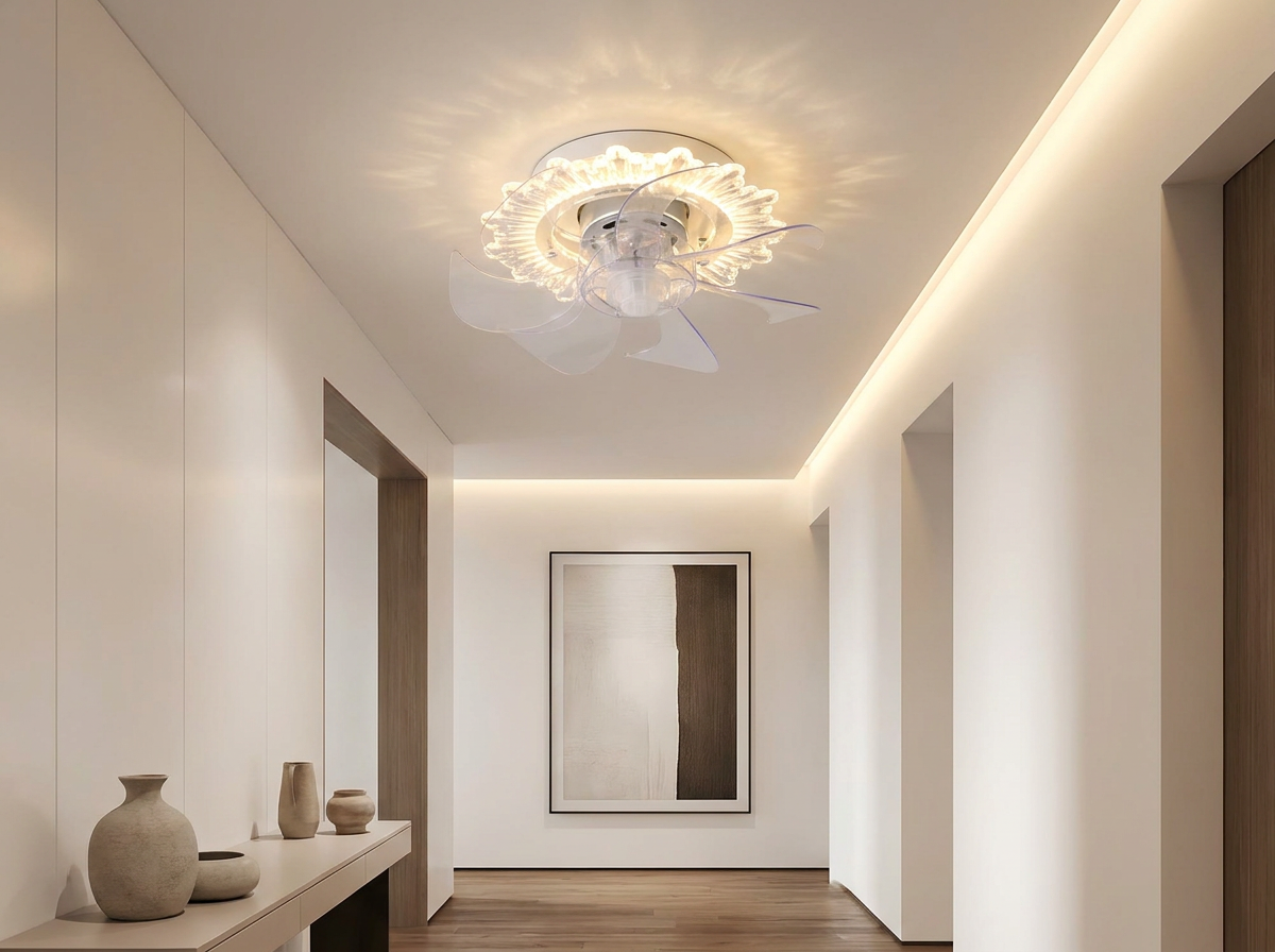 Decorative ceiling fan in modern hallway