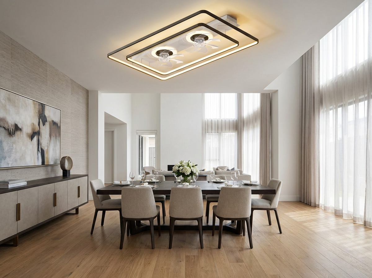 Dual head ceiling fan in spacious dining room