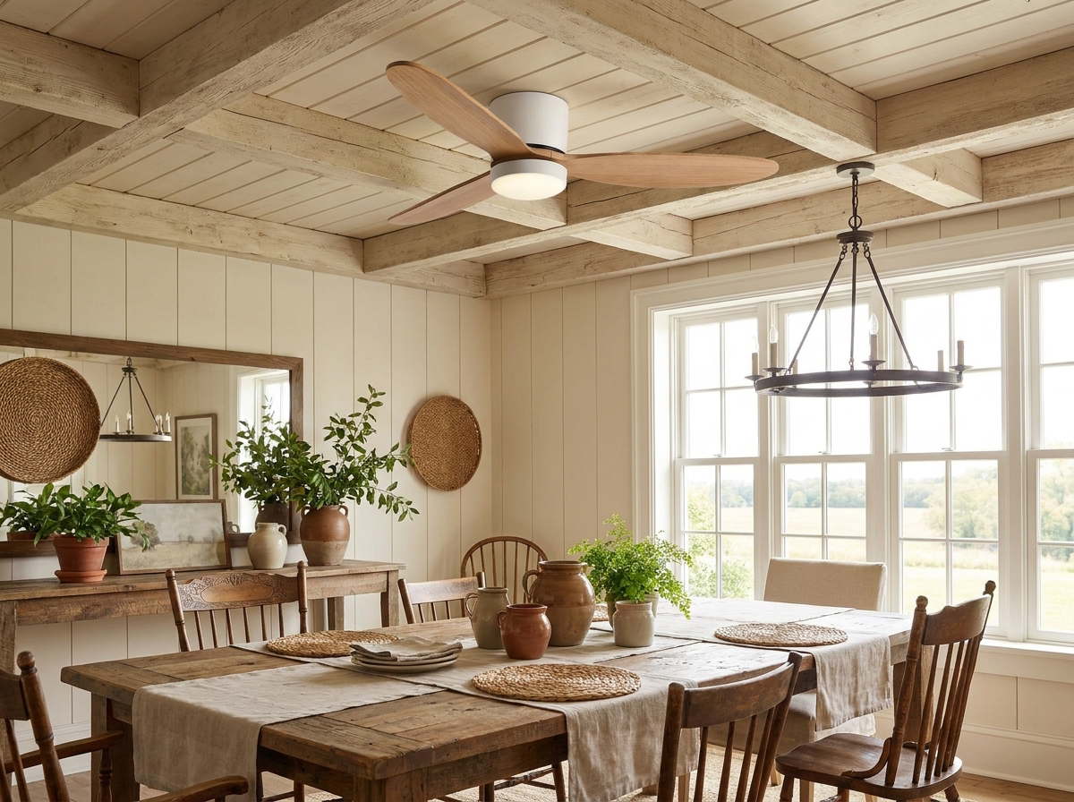 Natural wood ceiling fan in farmhouse dining room