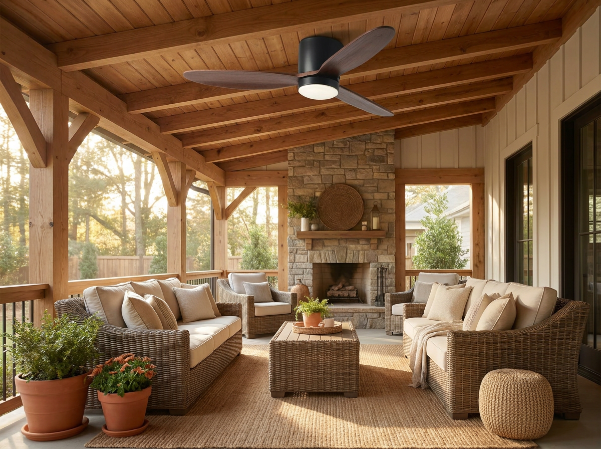 Natural wood ceiling fan on covered patio