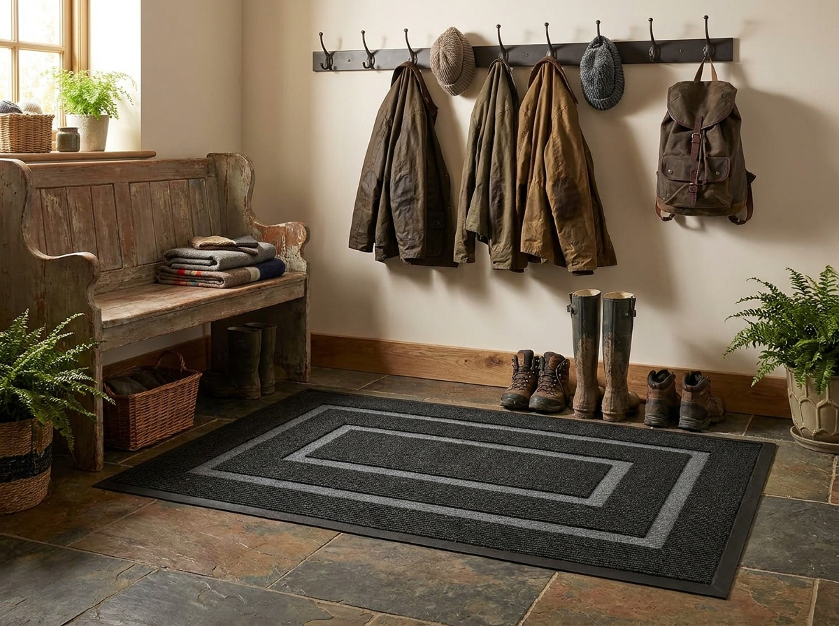 Dirt-trapper mat in a mudroom