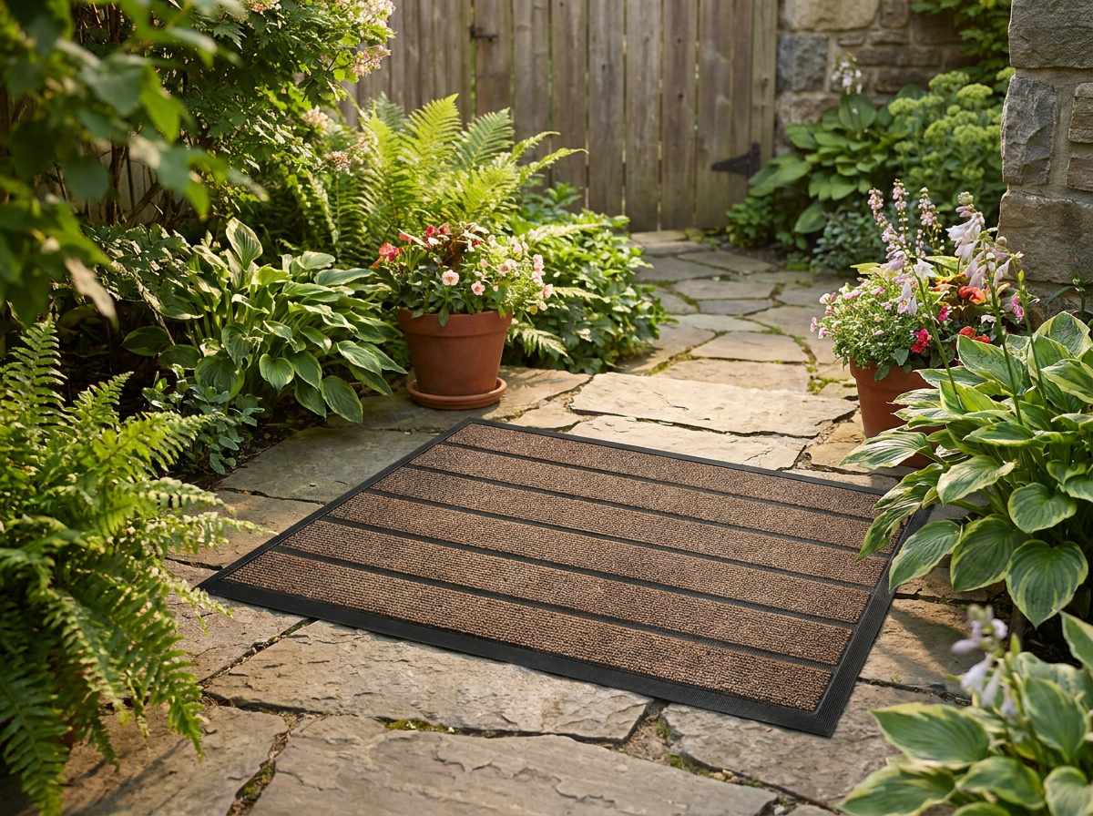 Striped outdoor door mat on a patio by a garden