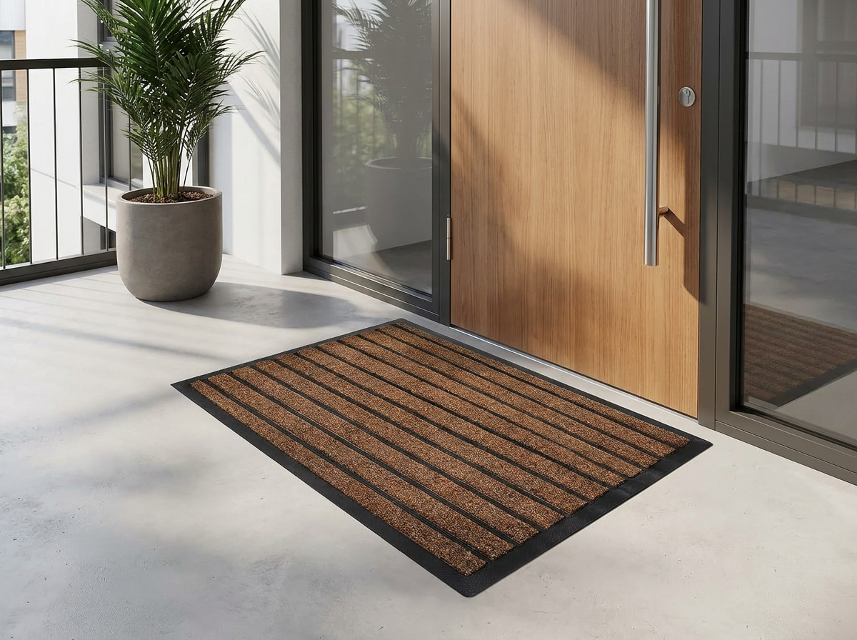 Striped outdoor door mat at an apartment entrance